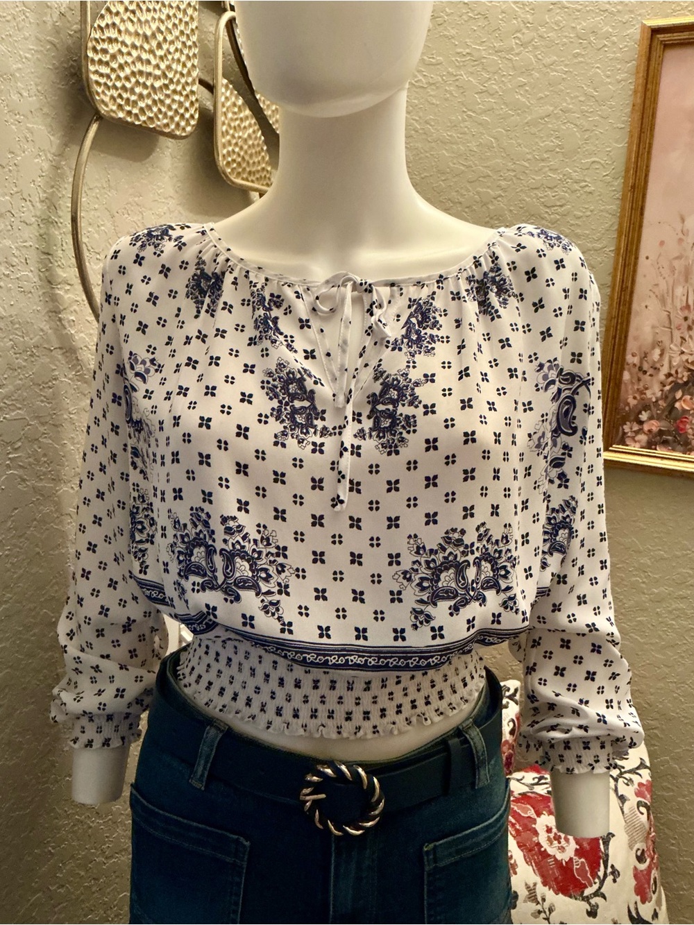 H&M White and Blue Printed Peasant Blouse